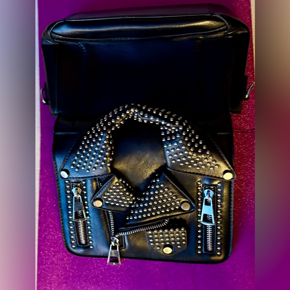 Motorcycle Jacket Inspired Studded Black Leather Crossbody or Clutch Bag NWWT - Picture 15 of 16